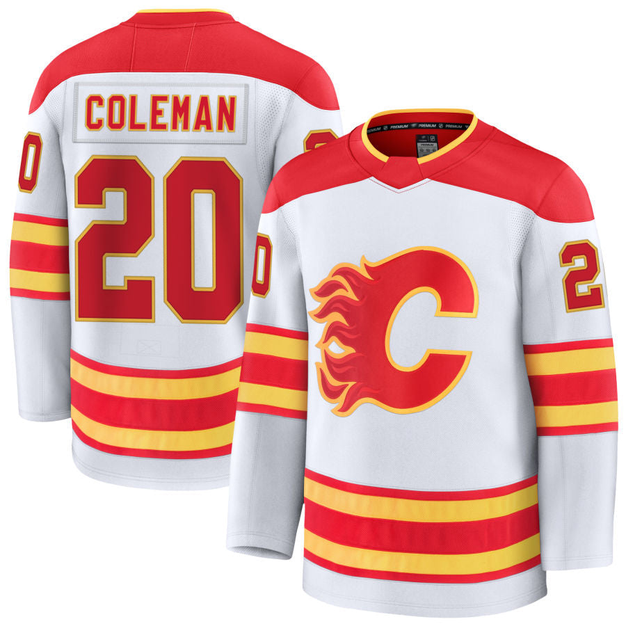 C.Flames #20 Blake Coleman Player Fanatics Away Premium White Hockey Jerseys